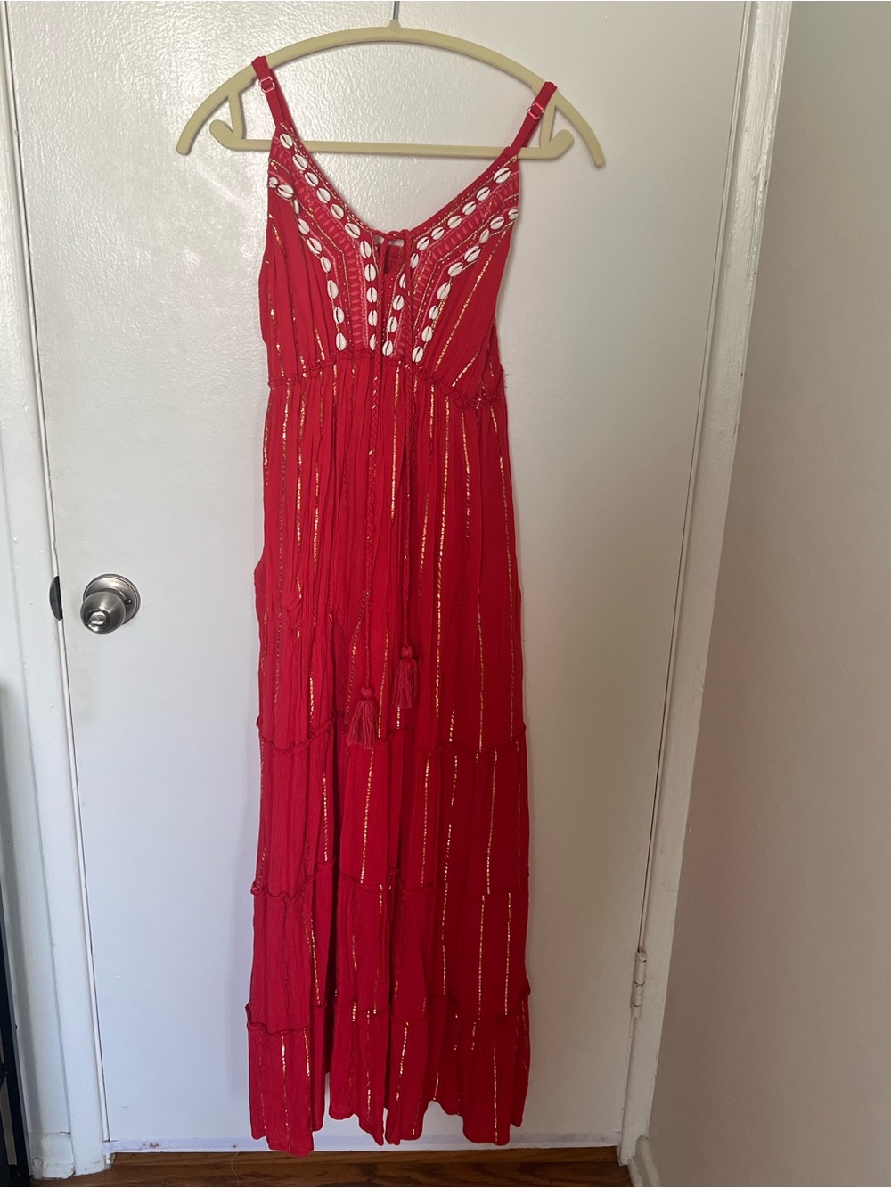 Red Boho Maxi Dress with Tassel Tie